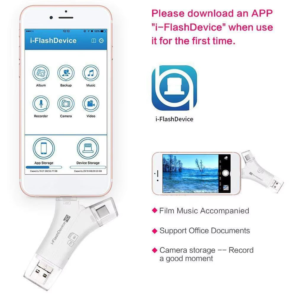 Usb2.0+Micro+Type-C+Lightning 4-In-1 Multi-Interface Card Reader for SD/TF Card for Phone Android Ipad I-Flashdevice
