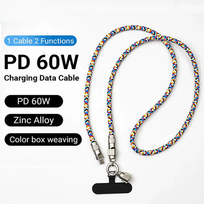 2 in 1 Fashionable Mobile Phone Lanyard PD 60W C to C Charging Cable Zinc Alloy Lock More Convenient and Safer for Mobile Iphone
