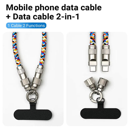 2 in 1 Fashionable Mobile Phone Lanyard PD 60W C to C Charging Cable Zinc Alloy Lock More Convenient and Safer for Mobile Iphone