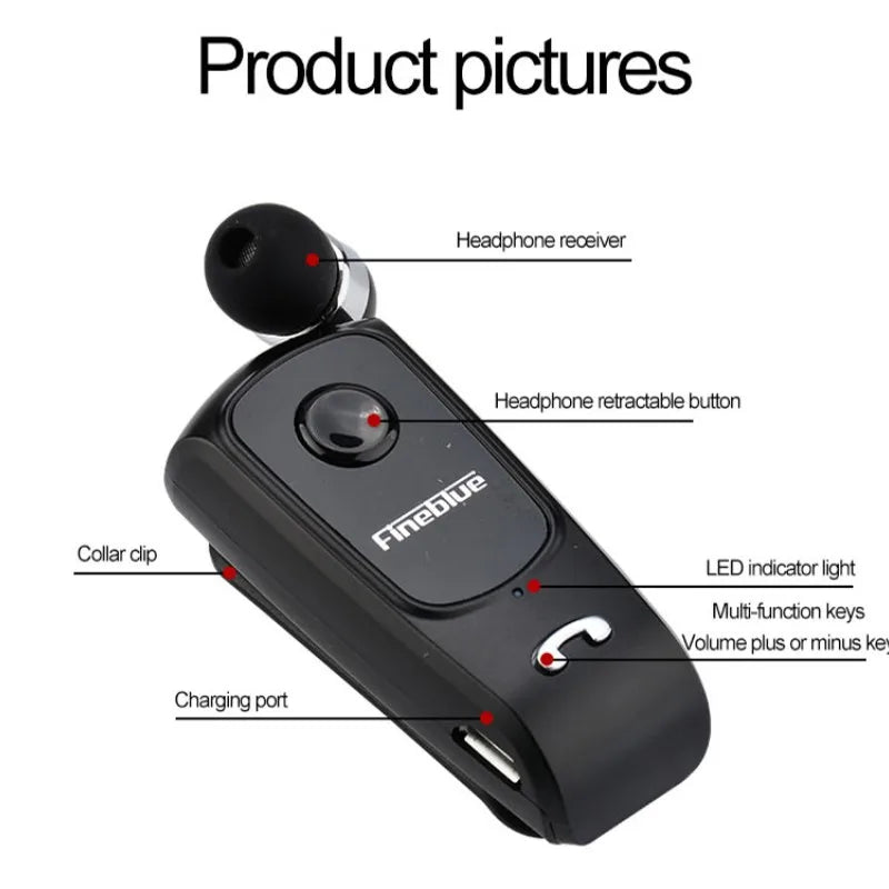 Fineblue F920 Wireless Retractable Portable Bluetooth Headset Headphone Remind Vibration Wear Clip Sports Collar Clip Earphone